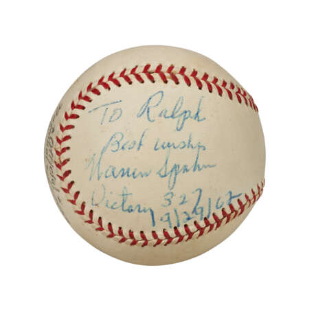 SEPTEMBER 29, 1962 WARREN SPAHN AUTOGRAPHED 327TH WIN GAME ATTRIBUTED BASEBALL - Foto 1