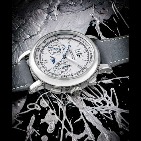 A. LANGE & S&#214;HNE. AN ATTRACTIVE PLATINUM PERPETUAL CALENDAR FLYBACK CHRONOGRAPH WRISTWATCH WITH OVERSIZED DATE, MOON PHASE, LEAP YEAR AND DAY/NIGHT INDICATION - фото 1