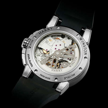HARRY WINSTON. A ZALIUM LIMITED EDITION AUTOMATIC FLYBACK CHRONOGRAPH SEMI-SKELETONISED WRISTWATCH WITH DATE - photo 2