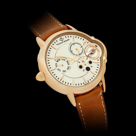 VINCENT BERARD. AN 18K PINK GOLD LEFT HANDED WRISTWATCH WITH DAY, MOON PHASES AND POWER RESERVE - photo 1