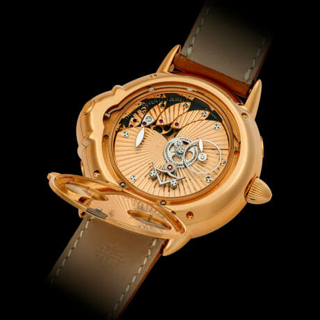 VINCENT BERARD. AN 18K PINK GOLD LEFT HANDED WRISTWATCH WITH DAY, MOON PHASES AND POWER RESERVE - Foto 4