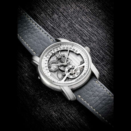 VACHERON CONSTANTIN. A RARE PLATINUM LIMITED EDITION AUTOMATIC SEMI-SKELETONISED WRISTWATCH WITH DAY AND RETROGRADE DATE, MADE TO COMMEMORATE THE 247TH ANNIVERSARY OF VACHERON CONSTANTIN - Foto 1