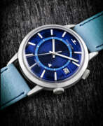 Art d'avant-guerre. JAEGER-LECOULTRE . A RARE STAINLESS STEEL AUTOMATIC WRISTWATCH WITH SWEEP CENTRE SECONDS, ALARM, DATE AND BLUE LACQUERED DIAL