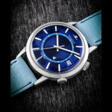 JAEGER-LECOULTRE . A RARE STAINLESS STEEL AUTOMATIC WRISTWATCH WITH SWEEP CENTRE SECONDS, ALARM, DATE AND BLUE LACQUERED DIAL - Auktionsarchiv