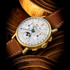 BREGUET. A ONE-OF-A-KIND AND RARE 18K GOLD TRIPLE CALENDAR CHRONOGRAPH WRISTWATCH WITH MOON PHASES