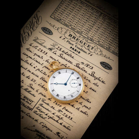 BREGUET. A VERY RARE AND HISTORICALLY IMPORTANT 18K GOLD HALF QUARTER REPEATING POCKET WATCH WITH SECRET PORTRAIT COMPARTMENT, SOLD TO PAULINE BONAPARTE, PRINCESS BORGHESE, SISTER OF NAPOLEON BONAPARTE - photo 1