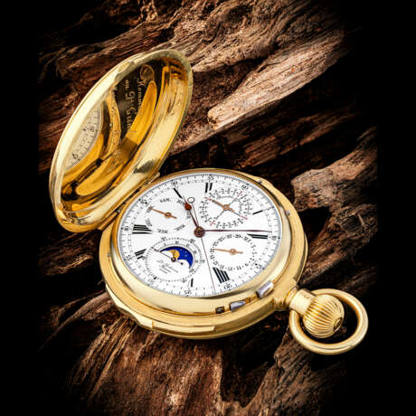LOUIS AUDEMARS. A RARE 18K GOLD MINUTE REPEATING PERPETUAL CALENDAR SINGLE BUTTON CHRONOGRAPH POCKET WATCH WITH LEAP YEAR INDICATION, MOON PHASES AND ENAMEL DIAL - фото 1