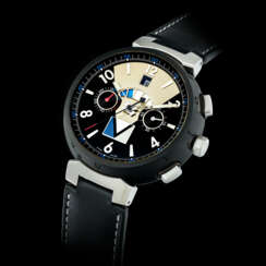 LOUIS VUITTON. A BLACK COATED STAINLESS STEEL AUTOMATIC FLYBACK CHRONOGRAPH WRISTWATCH WITH DATE AND COUNTDOWN INDICATOR