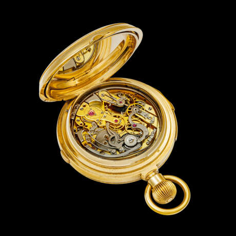 LOUIS AUDEMARS. A RARE 18K GOLD MINUTE REPEATING PERPETUAL CALENDAR SINGLE BUTTON CHRONOGRAPH POCKET WATCH WITH LEAP YEAR INDICATION, MOON PHASES AND ENAMEL DIAL - Foto 4