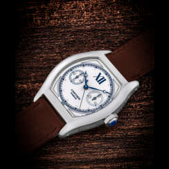 CARTIER. AN 18K WHITE GOLD TONNEAU SHAPED SINGLE BUTTON CHRONOGRAPH WRISTWATCH