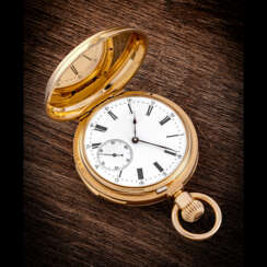 PATEK PHILIPPE. AN EXTREMELY RARE 18K PINK GOLD MINUTE REPEATING POCKET WATCH WITH ENAMEL DIAL