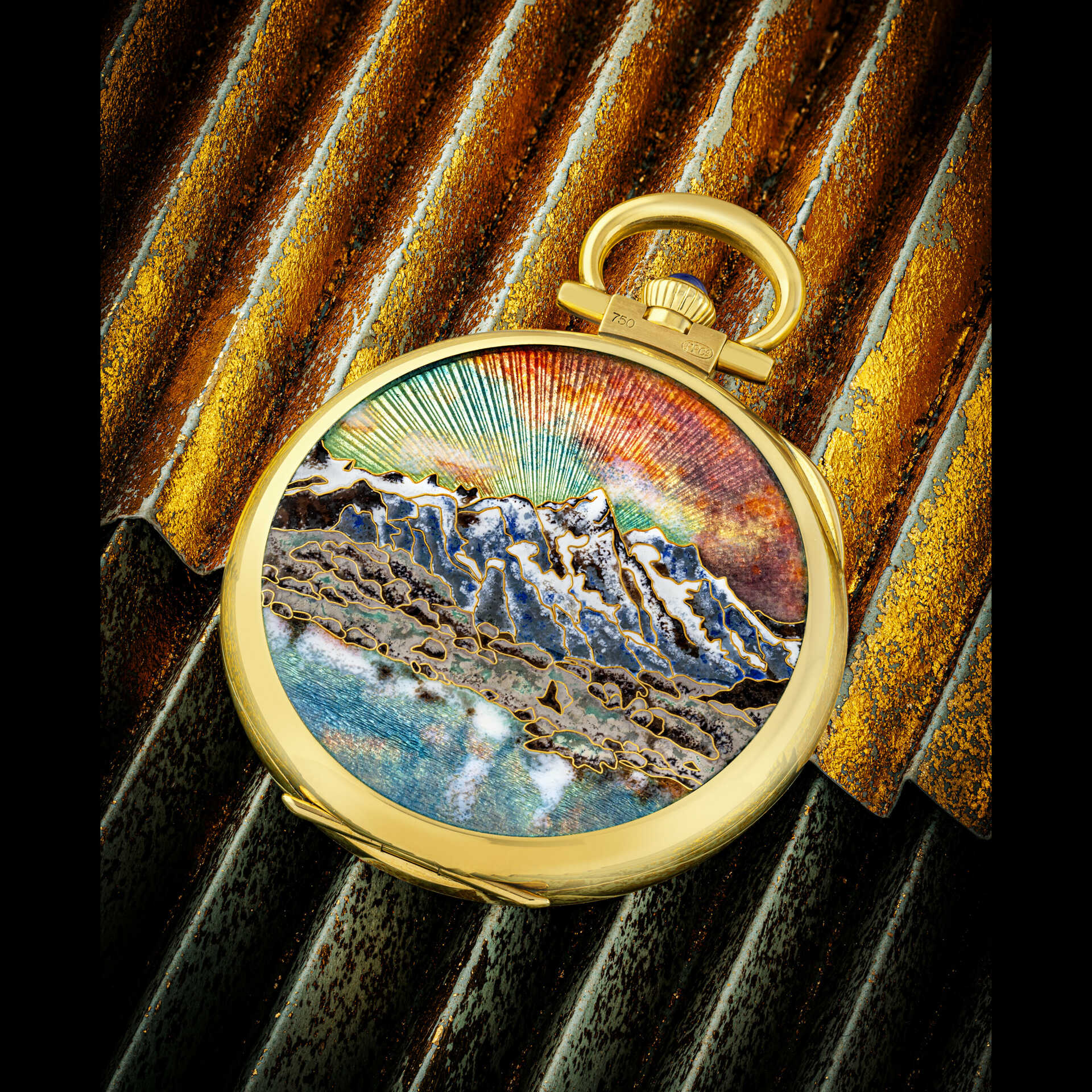 PATEK PHILIPPE. A ONE-OF-A-KIND AND EXCEPTIONAL 18K GOLD AND SAPPHIRE-SET POCKET WATCH WITH CLOISONN&#201; ENAMEL DEPICTING PANORAMA OF MONT BLANC FROM LAC BLANC, ENAMEL DIAL WITH BREGUET NUMERALS AND MATCHING 18K GOLD, MARBLE AND SAPPHIRE-SET POCKET WATC