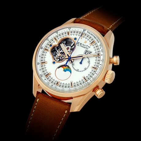 ZENITH. AN 18K PINK GOLD AUTOMATIC SEMI-SKELETONISED CHRONOGRAPH WRISTWATCH WITH DATE AND MOON PHASES - фото 1