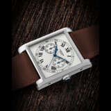 CARTIER. A RARE 18K WHITE GOLD LIMITED EDITION SINGLE BUTTON CHRONOGRAPH SQUARE WRISTWATCH - photo 1