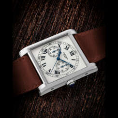 CARTIER. A RARE 18K WHITE GOLD LIMITED EDITION SINGLE BUTTON CHRONOGRAPH SQUARE WRISTWATCH