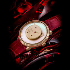 FABERG&#201;. A LADY&#39;S ONE-OF-A-KIND AND ATTRACTIVE 18K PINK GOLD AND RUBY-SET WRISTWATCH WITH MOTHER-OF-PEARL DIAL, MADE FOR ONLY WATCH 2021