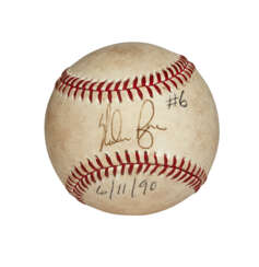 6/11/1990 NOLAN RYAN AUTOGRAPHED AND INSCRIBED BASEBALL ATTRIBUTED TO HIS SIXTH NO HIT GAME (UMPIRE JOHN SHULOCK PROVENANCE)