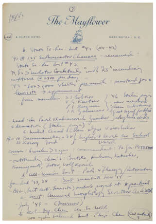 1952 MOE BERG HANDWRITTEN NOTES RELATED TO HIS WORK FOR THE CIA WITH ATOMIC ENERGY CONTENT (PSA/DNA) - Foto 5