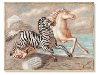 Giorgio De Chirico. Cavallo bianco e zebra in corsa in riva al mare circa 1932