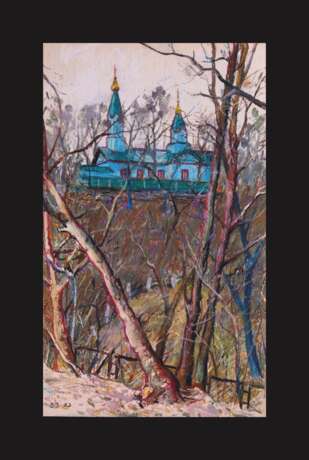 "Церковь на горе" Картон Масляная пастель Постимпрессионизм Архитектурный пейзаж Украина 2023 г. - фото 1