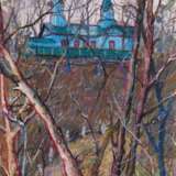"Церковь на горе" Картон Масляная пастель Постимпрессионизм Архитектурный пейзаж Украина 2023 г. - фото 2