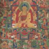 Seltene Thangka des Buddha Shakyamuni und die Erleuchteten des Hinayana-Buddhismus - die sechzehn Arhats - фото 1