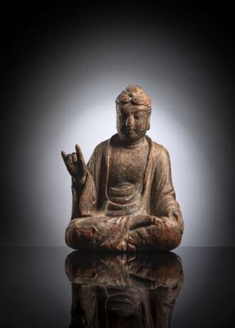 Seltene und feine Holzfigur des Buddha Shakyamuni - photo 1