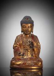 Lackvergoldete Figur eines Bodhisattva aus Holz und Trockenlack