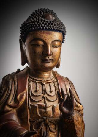 Lackvergoldete Figur eines Bodhisattva aus Holz und Trockenlack - photo 2