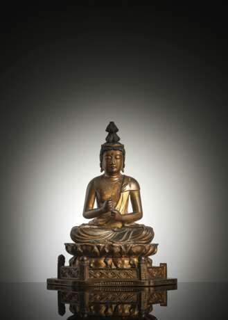 Partiell vergoldete Holzfigur des Dainichi Buddha - Foto 1