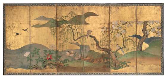 Sechsteiliger Stellschirm (Byôbu) mit Frühlingslandschaft eines anonymen Malers der Kano-Schule - Foto 1