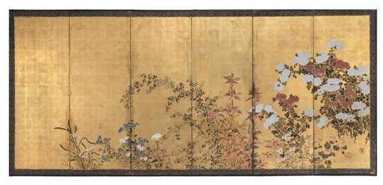 Sechsteiliger Stellschirm ( Byôbu) mit Darstellung einer blühenden Sommerlandschaft eines Malers der Rimpa-Schule - фото 1
