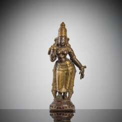 Figur der Shri Devi aus Kupfer und Messing