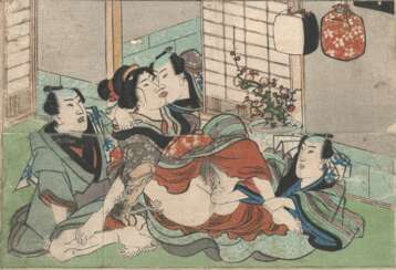 Sammlung von Buchseiten mit 'Shunga'-Szenen von diversen Künstlern