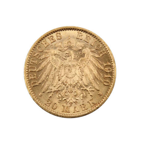 Preussen/GOLD - 20 Mark 1910/A, Wilhelm II., ss+/vz, avers leicht gereinigt, - фото 2