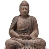 Statue des Buddha Shakyamuni aus Holz mit polychromer Fassung - Foto 1