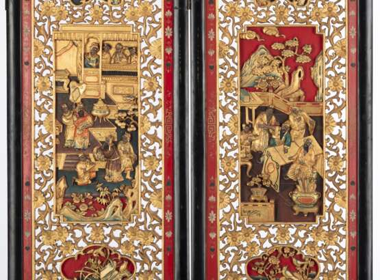 Vierteiliger Stellschirm mit teilweise vergoldetem Reliefdekor von Szenen aus dem 'Sanguo Yanyi', Geschichte der drei Reiche - фото 2