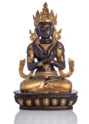 Partiell vergoldete Bronze des Bodhisattva Vajrasattva auf einem Lotos sitzend