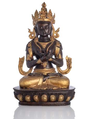 Partiell vergoldete Bronze des Bodhisattva Vajrasattva auf einem Lotos sitzend - Foto 1