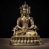 Vergoldete Bronze des vierköpfigen Buddha Vairocana auf einem Lotossockel sitzend, teilweise bemalt mit Pigmenten - Foto 1