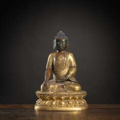 Partiell vergoldete Skulptur des Buddha Shakyamuni