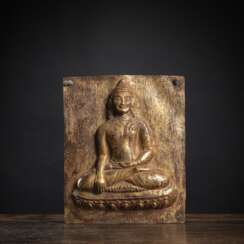 Reliefplatte aus vergoldetem Kupfer mit Darstellung des Buddha Shakyamuni