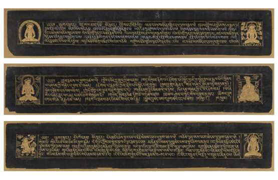 Drei Seiten aus einer tibetischen Handschrift mit je zwei Miniaturen - фото 1