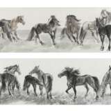 Paar Malereien mit Pferdedarstellungen. Querformat, Tusche und leichte Farben auf Papier - photo 1