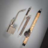 Opiumpfeife aus geschnitztem Bein, Wasserpfeife aus Paktong und Essbesteck mit Messer - Foto 2