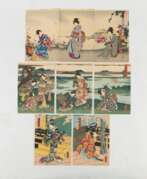Overview. Konvolut Farbholzschnitte: Triptychon mit bijin im Herbst, Triptychon mit bijin und Diptychon mit Schauspieler
