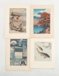 Drei Farbholzschnitte, u.a. Hasui, Koson, Japan und ein Aquarell von Curt Adolf Netto