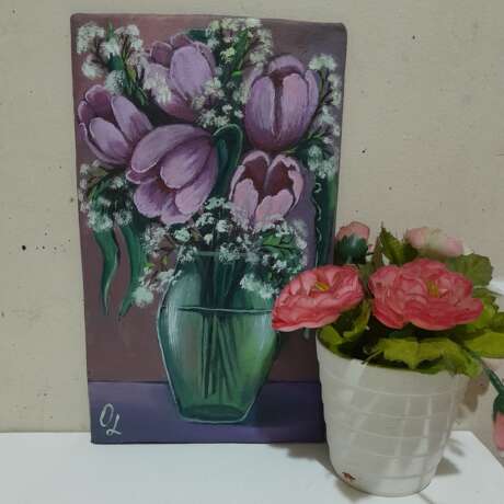 Тюльпаны в зелёной вазе. Toile sur carton Acrylique живопись акрилом Nature morte Turquie 2023 - photo 2