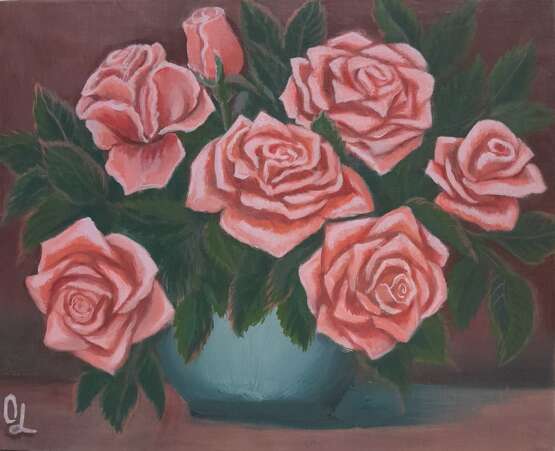 Pink roses in a round vase. Leinwand auf Karton Acryl Живопись акриилом Stillleben Türkei 2023 - Foto 1