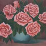 Pink roses in a round vase. Холст на картоне Акрил Живопись акриилом Натюрморт Турция 2023 г. - фото 1